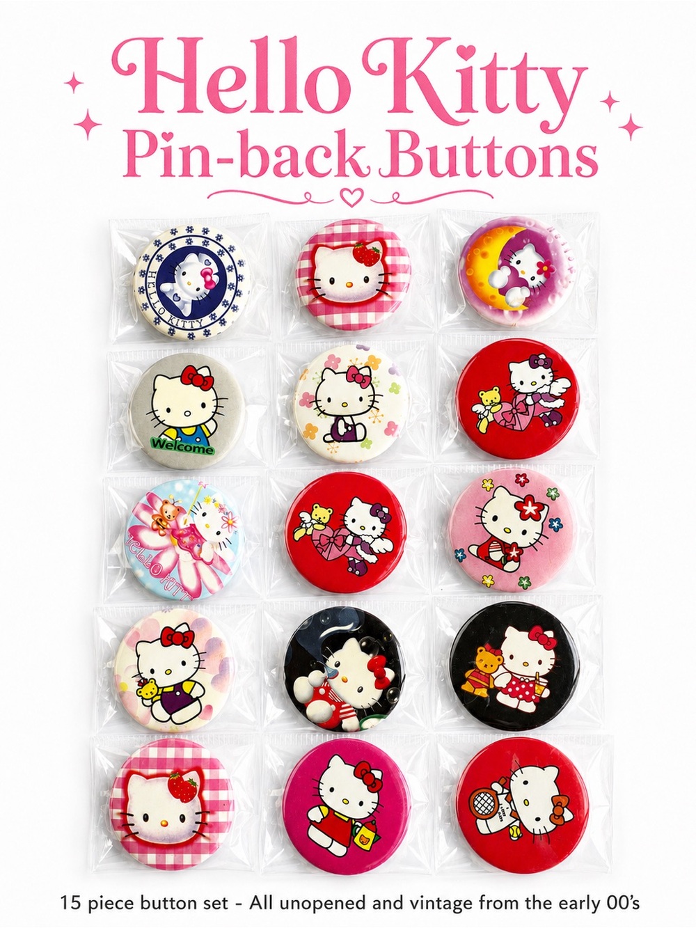 Hello Kitty VINTAGE unopened Pin-Back 15 Button Set - 1.25 inch pins
